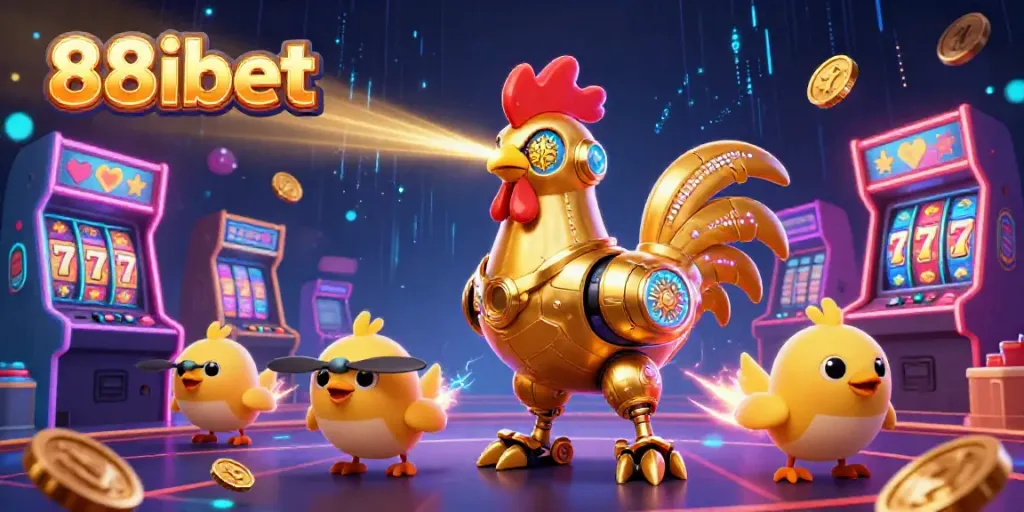 Experience thrilling gaming action with 88ibet's captivating 3D illustration of a futuristic rooster robot in an exciting gambling scene.