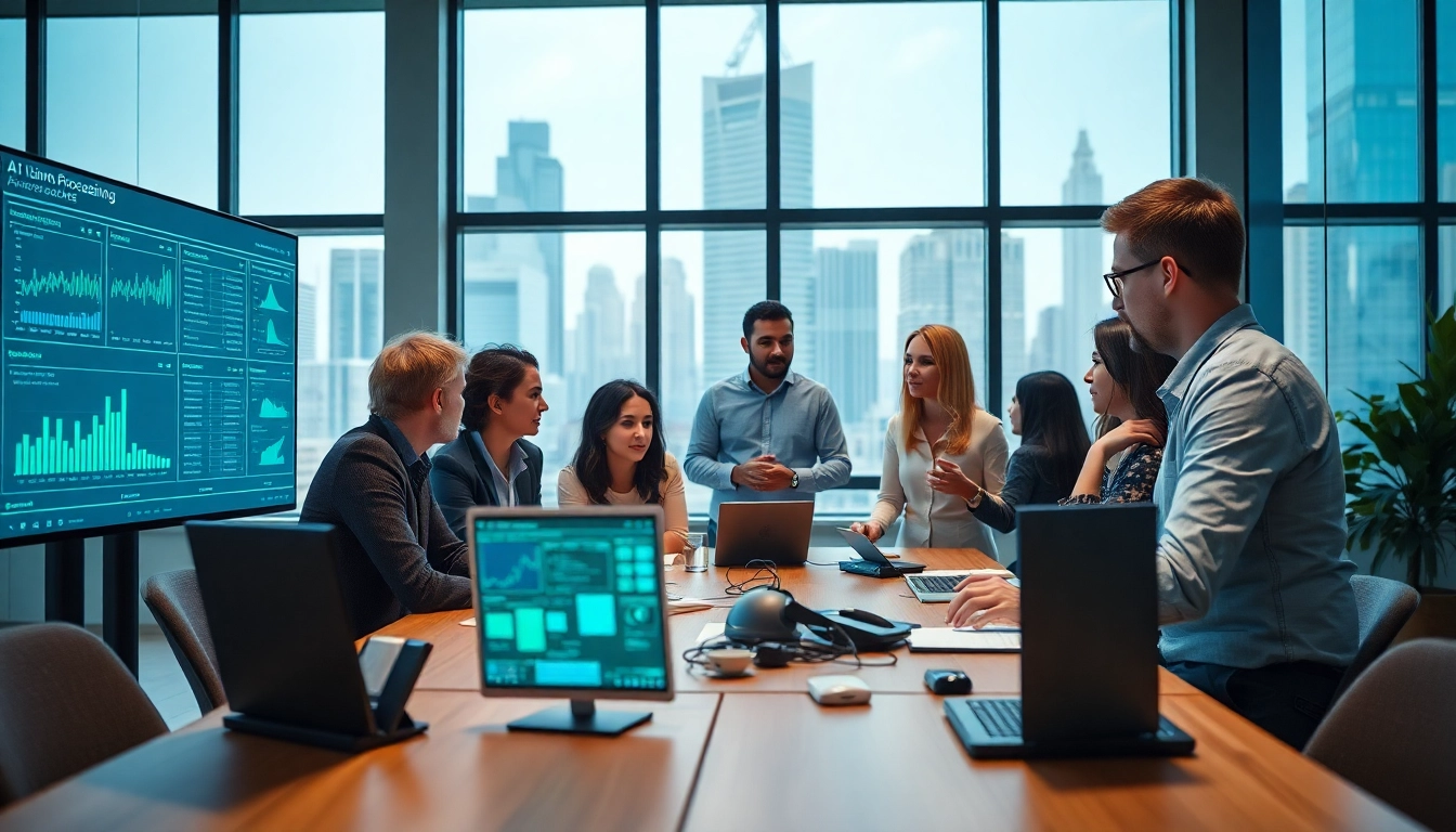 Streamline AI claims processing with innovative teamwork and data insights in a professional office.