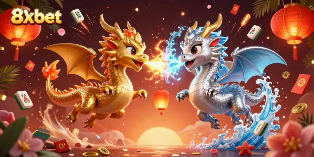 Experience thrilling gameplay with 8xbet's vibrant casino scene featuring dragons and festive elements.