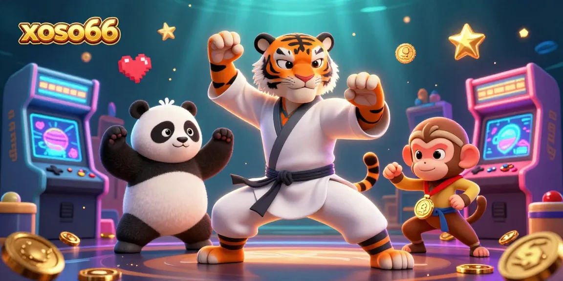 Experience xoso66 with a vibrant, dynamic illustration depicting a kung fu tiger master and cute characters in action.