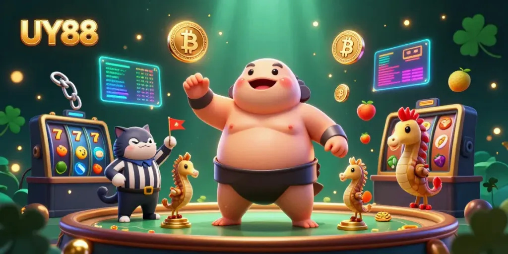 Engaging underwater casino scene featuring UY88's fugu champion, catfish referee, and seahorse fans.
