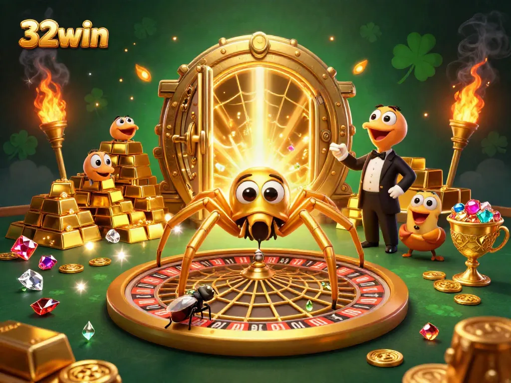 Experience thrilling excitement at 32win casino with a dynamic scene featuring a golden spider and treasures.