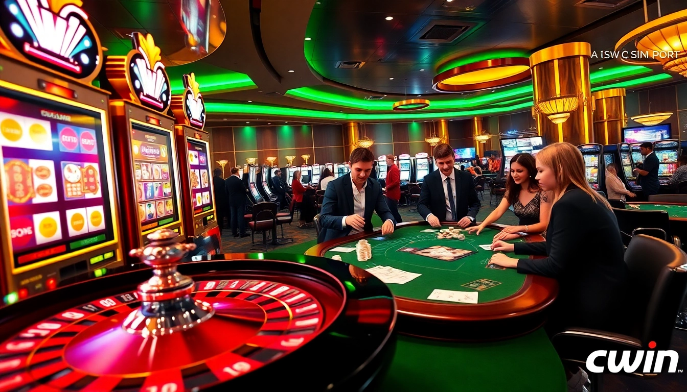 Cwin gaming scene featuring enthusiastic players at a luxurious casino table with roulette and poker elements.