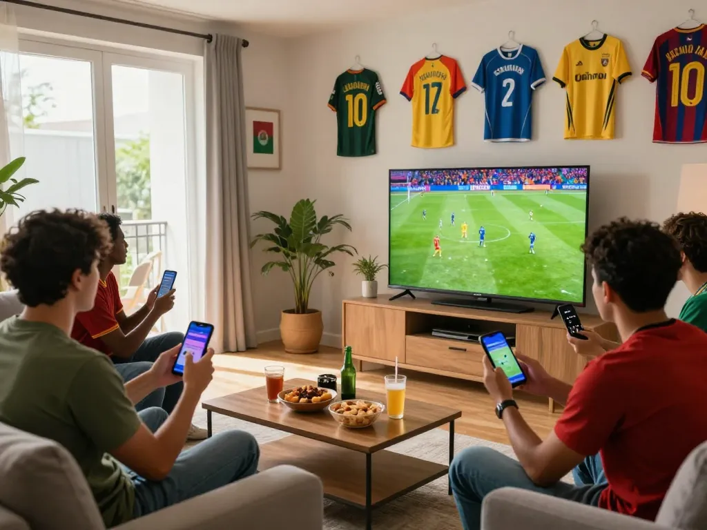 Okwintv soccer fans enjoying a thrilling match in a vibrant living room.