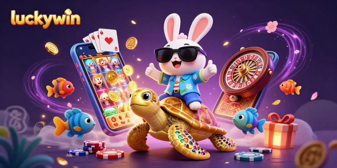 Luckywin brings excitement with colorful games and a charming rabbit character in a vibrant casino setting.
