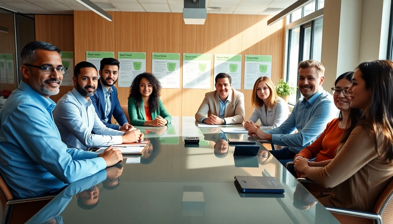 Engaged professionals discussing grants in a well-lit conference room.