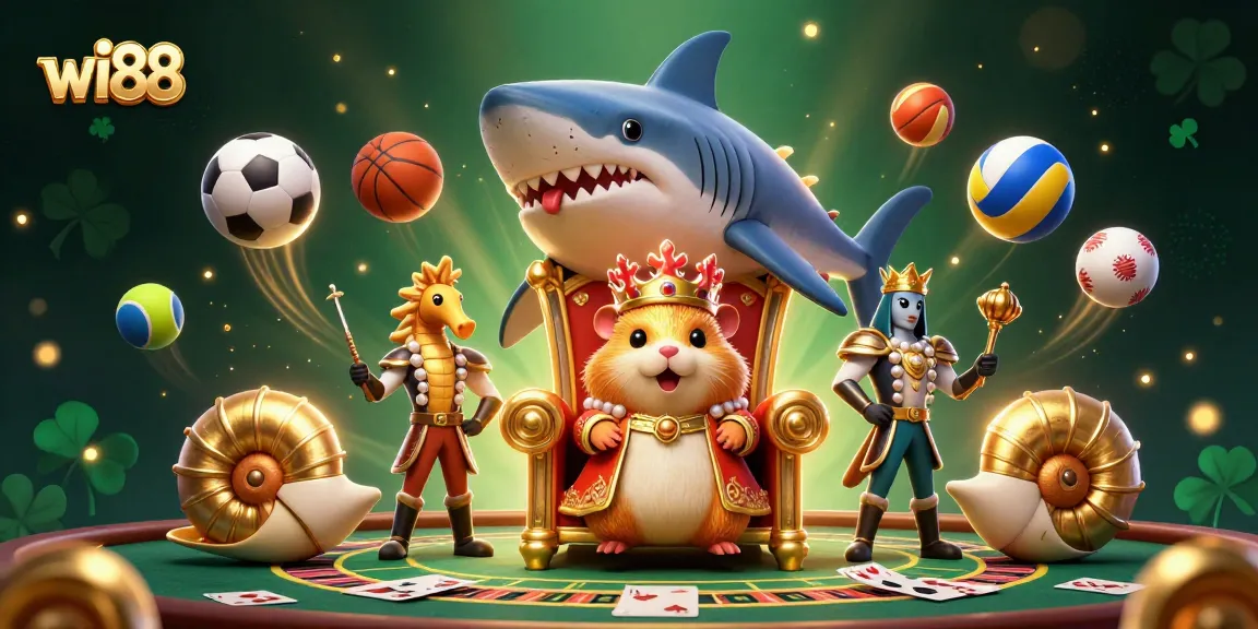 Bettors engage with wi88's vibrant casino scene featuring a golden hamster king on a megalodon throne.
