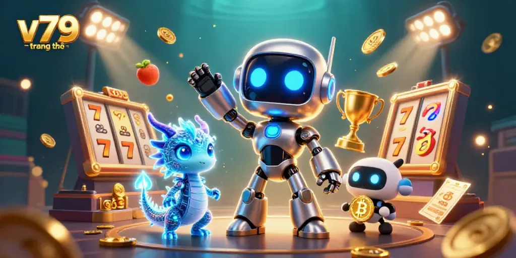 Experience thrilling action at v79 trang chủ with a vibrant casino scene showcasing a cyberpunk robot and dragon.