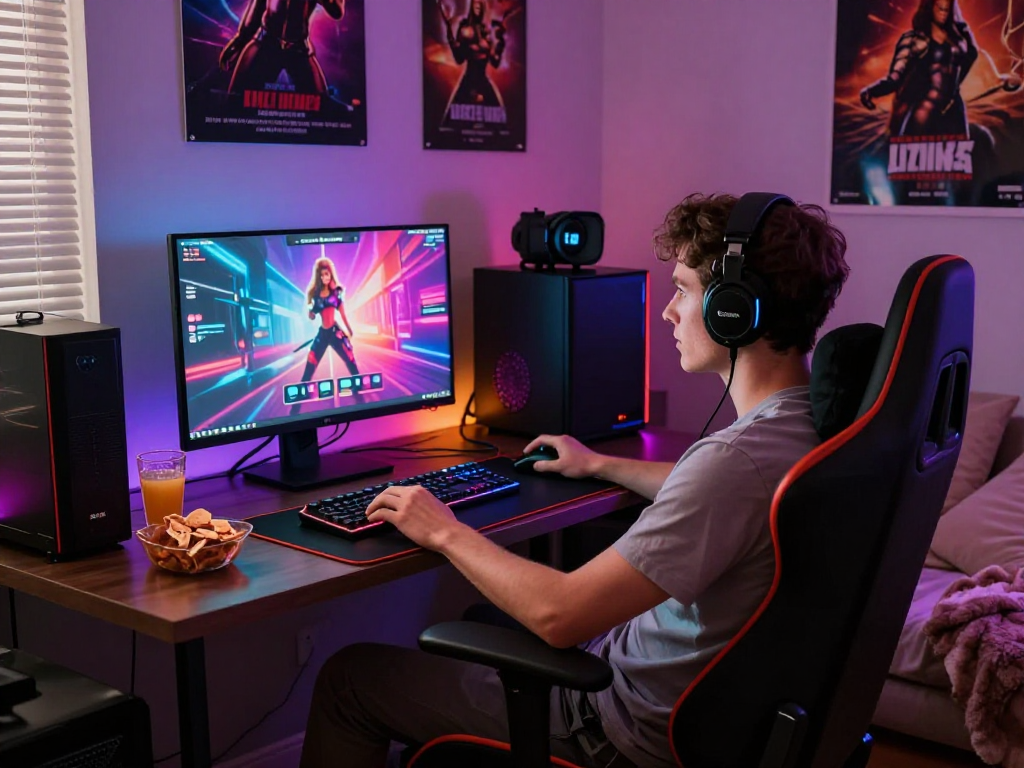 Engaging scene of a player enjoying sex games online in a cozy gaming room, vibrant graphics on screen, ambient lights.