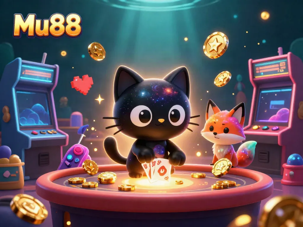 Engage with Mu88 in a cosmic casino scene featuring vibrant 3D characters and gambling elements.
