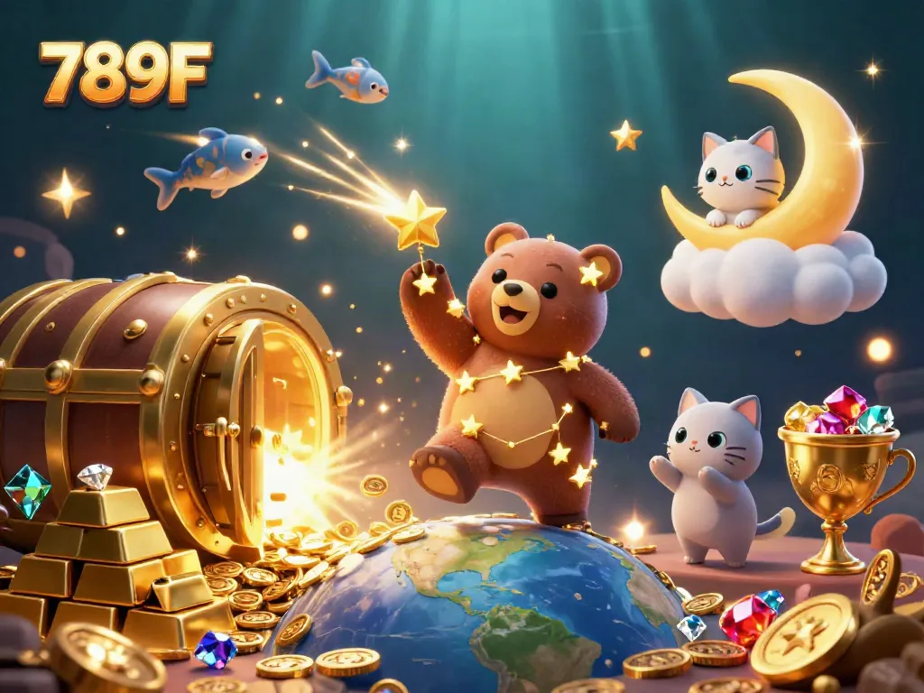 Engage with 789F's vibrant casino world featuring dazzling characters and gold treasures.