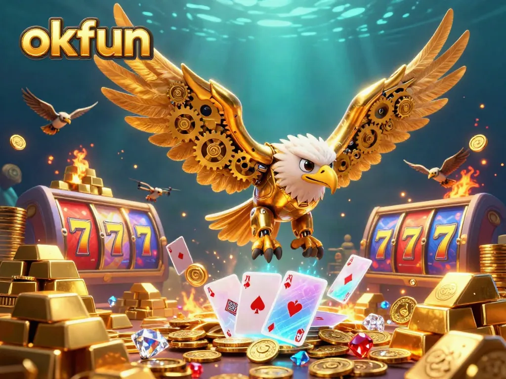 Experience thrilling wins at okfun as a cybernetic eagle dives into vibrant slot reels and jackpots.