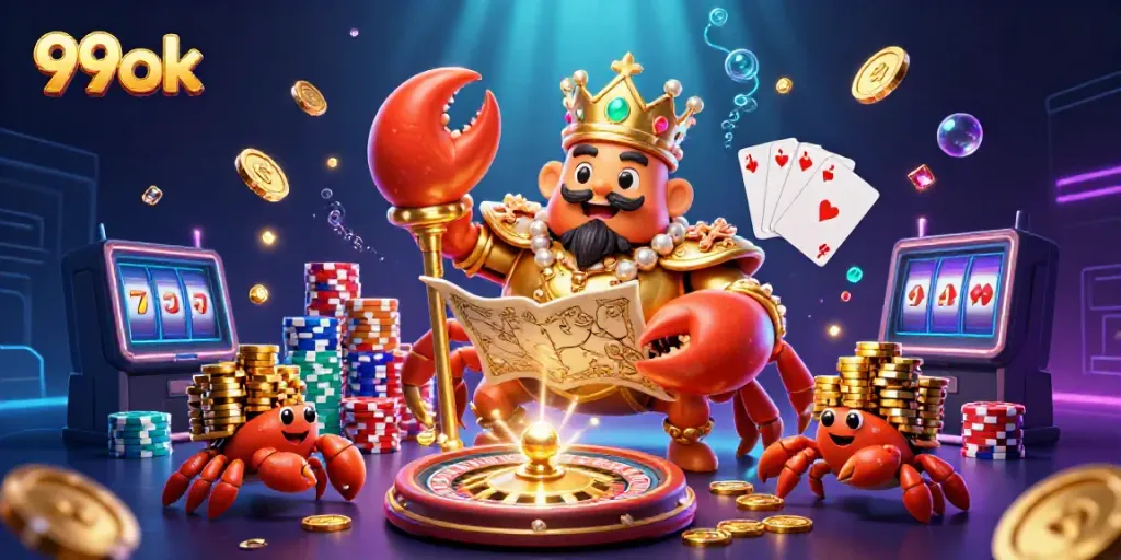 Join the excitement at 99ok with a cartoon crab emperor ruling over treasures and games.