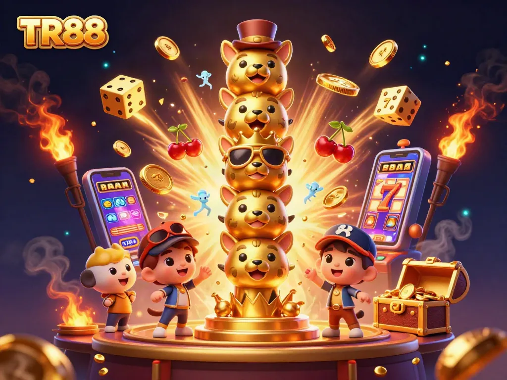 Engage with TR88 in an action-packed casino scene, showcasing vibrant slot machines and golden treasures.