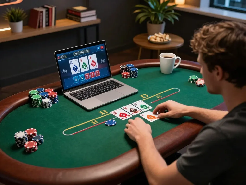 Player engaging in live dealer poker on 23win's platform, showcasing thrilling gameplay.