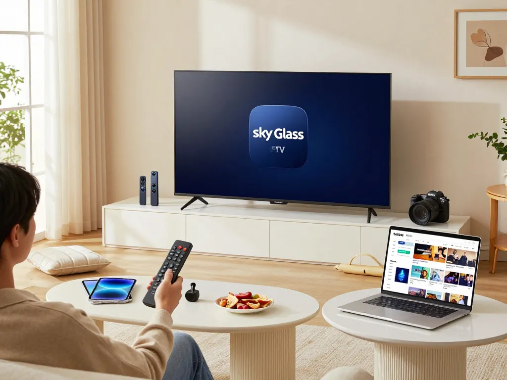 Sky Glass IPTV installation Guide showing a person setting up smart TV in a cozy living room.