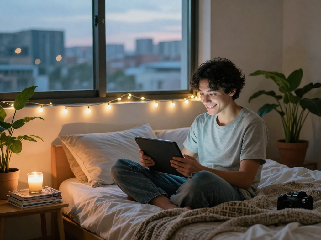 A cozy bedroom with a young adult enjoying nsfw content on a tablet, creating an inviting atmosphere.
