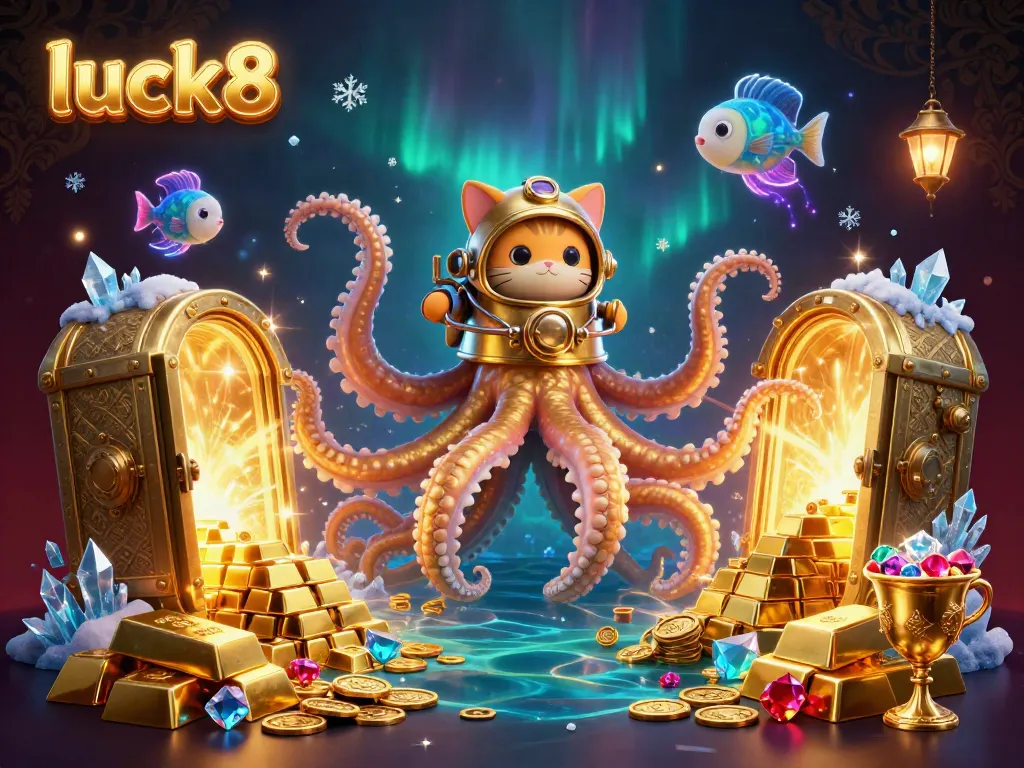 Experience thrilling gameplay at luck8 with a kraken and treasure-filled casino scene.