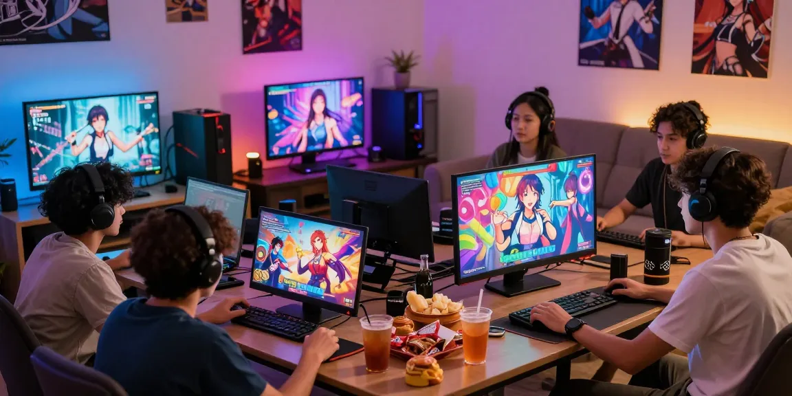 Players enjoying a hentai game in a lively living room setting with colorful visuals.