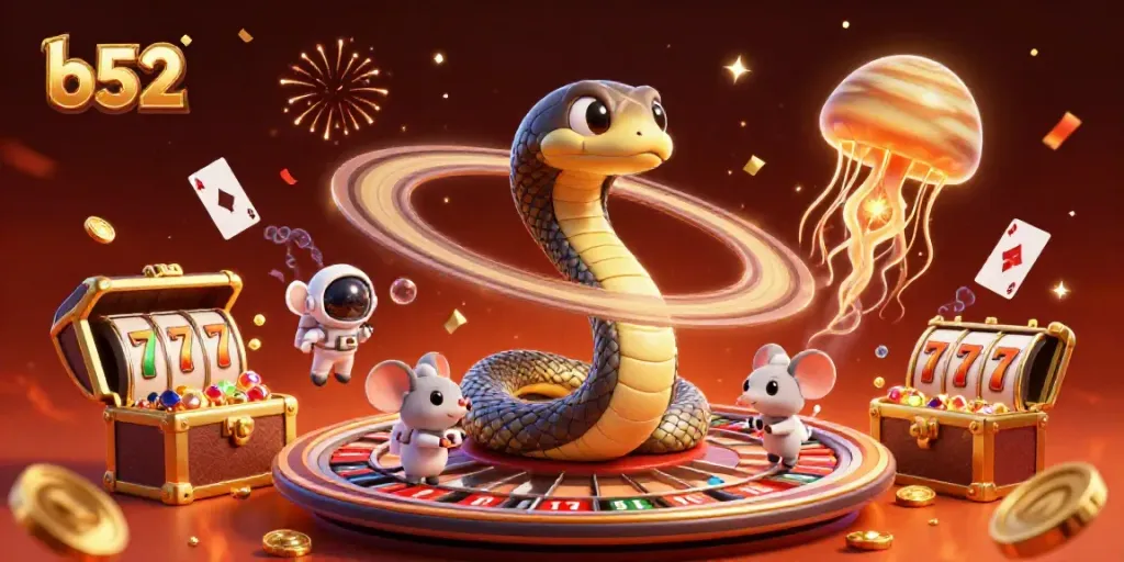 Place bets at the vibrant b52 gaming scene featuring an animated Saturn snake and cosmic dealer.