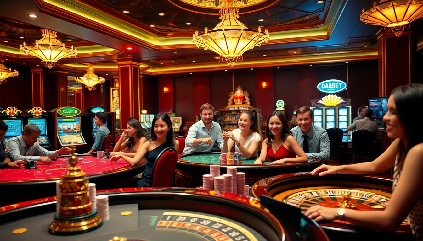 DABET business offers exciting casino experiences with poker tables, roulette wheels, and vibrant slot machines.
