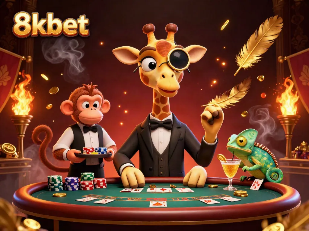 Engage with vibrant 8xbet casino scene featuring a giraffe in tuxedo at poker table.