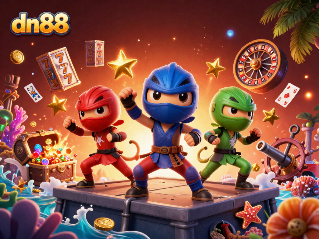 Join the action at dn88 as ninja chameleons engage in vibrant casino gaming with slot reels and cards.