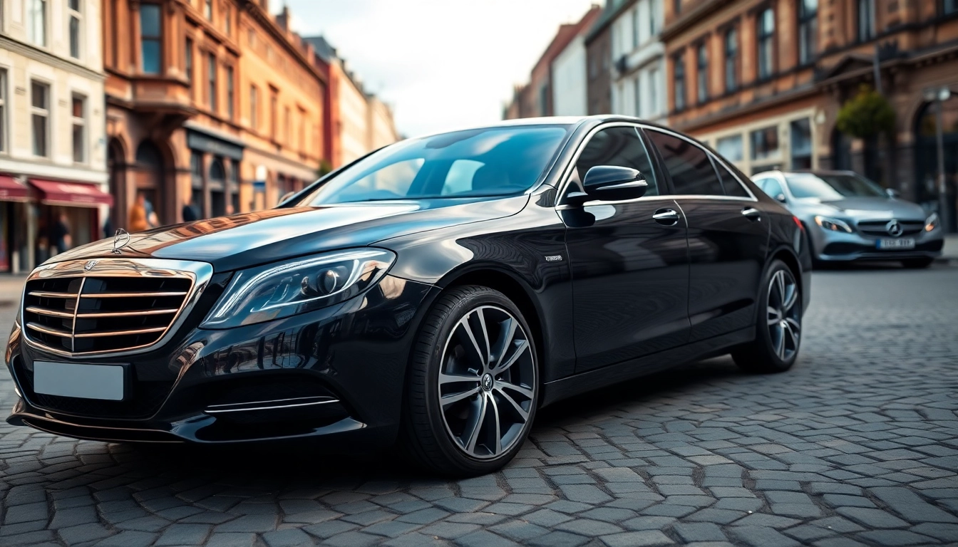 Chauffeur Nottingham in a luxury car against a vibrant Nottingham backdrop, showcasing elegance.