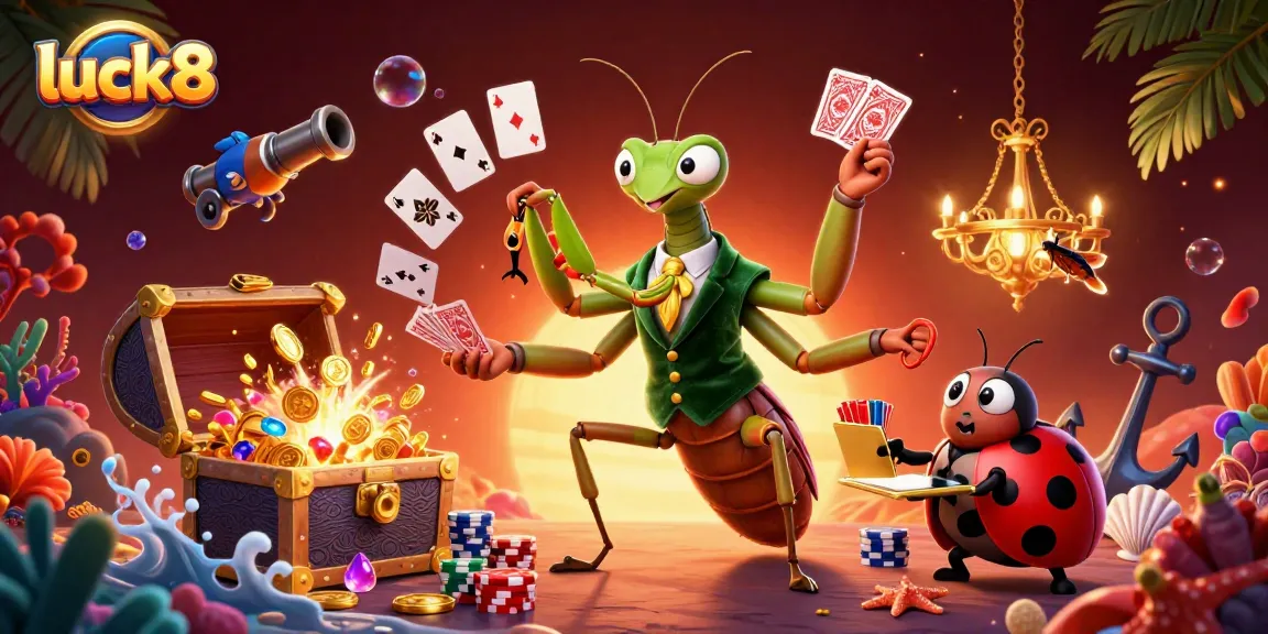 Experience thrilling gaming with the luck8 casino scene showcasing vibrant characters dealing cards and sparkling treasures.