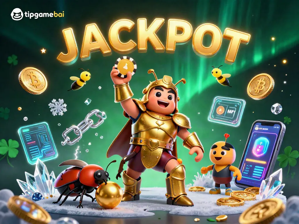 Experience the thrill of winning with tipgamebai as the beetle hero lifts a jackpot poker chip.