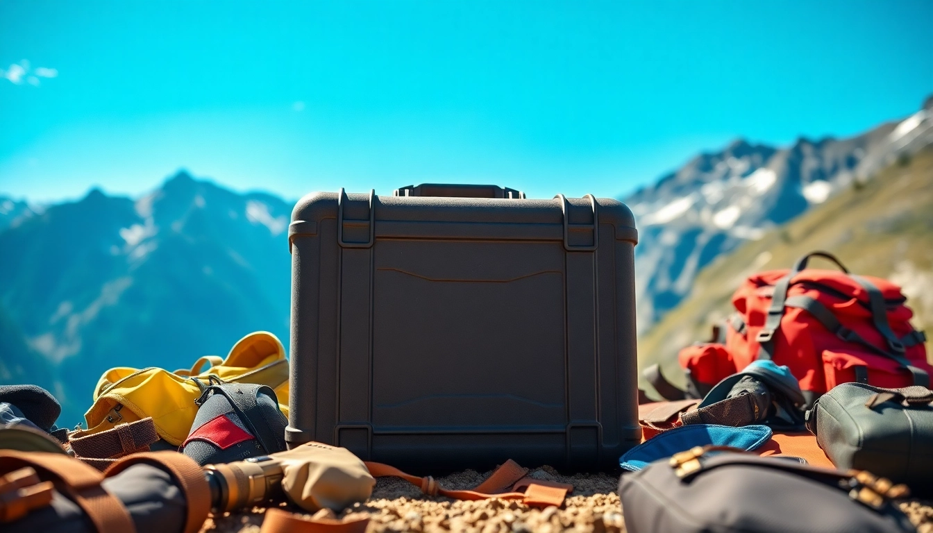 Showcasing a durable hard case against outdoor gear in a vibrant mountain setting.