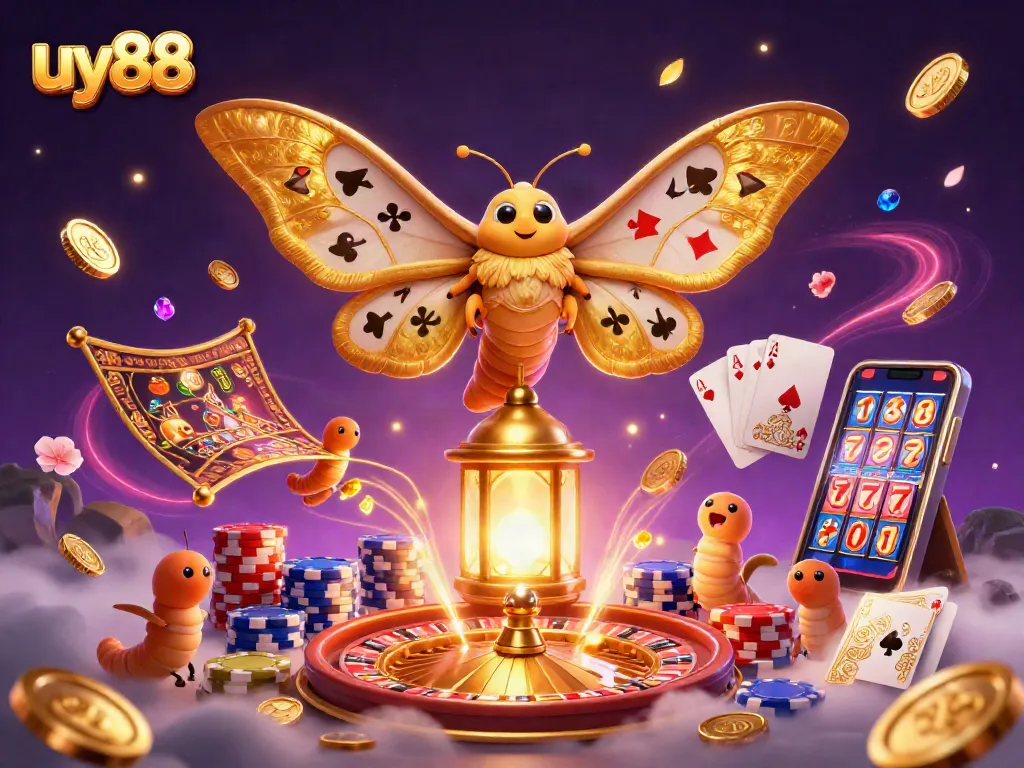 Engage in uy88 casino magic with vibrant 3D artistry showcasing a moth and games.