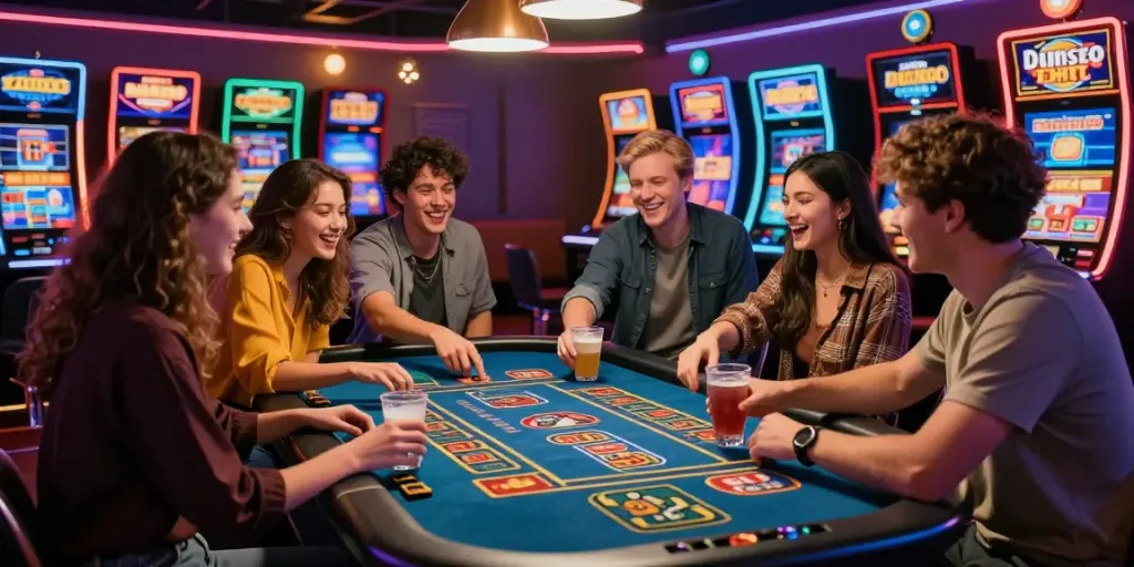 Group of friends playing interactive games at a non-GamStop casino, showcasing lively atmosphere and bright decor.