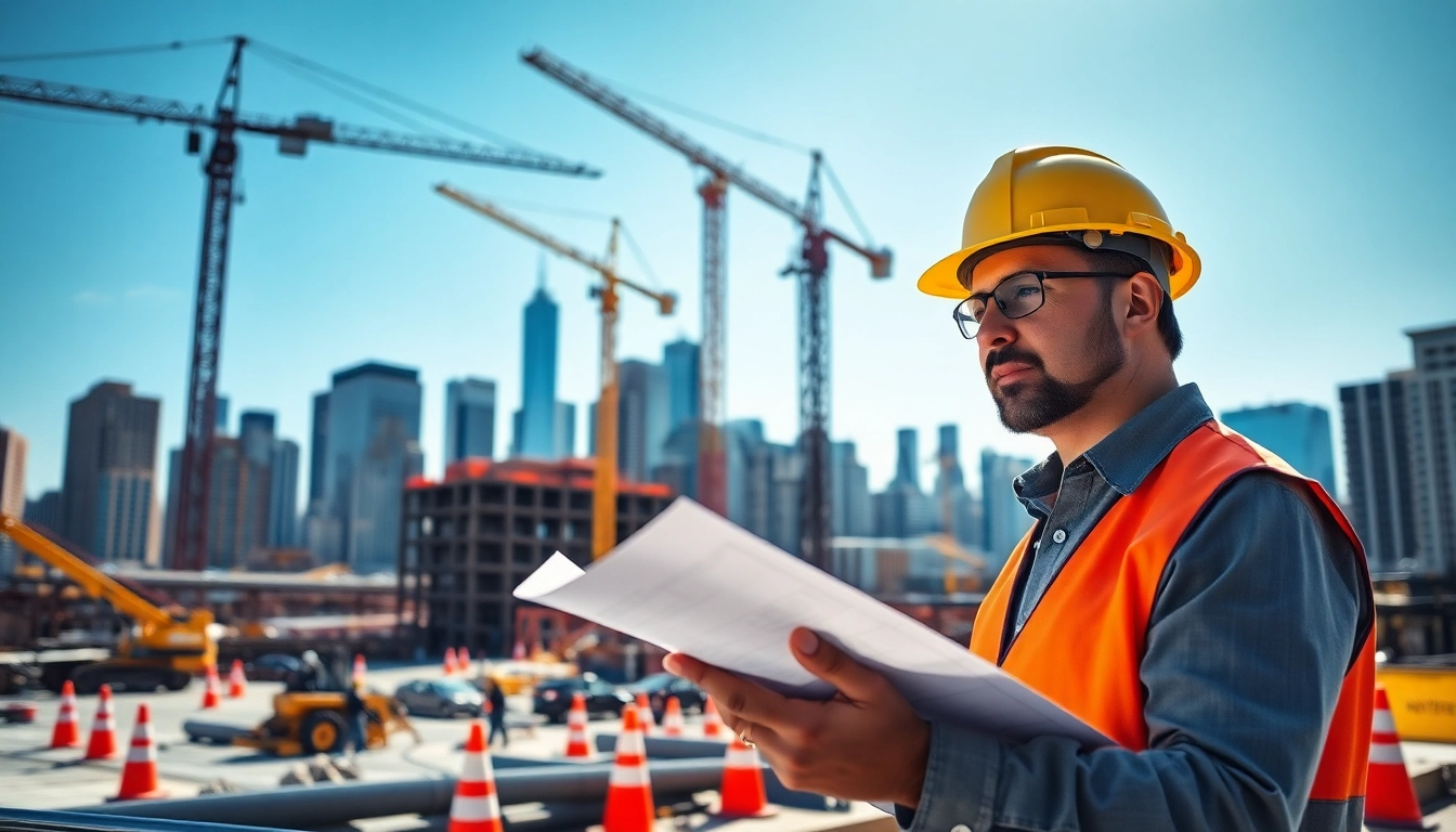 New York Construction Manager supervising a busy construction site with cranes and workers.
