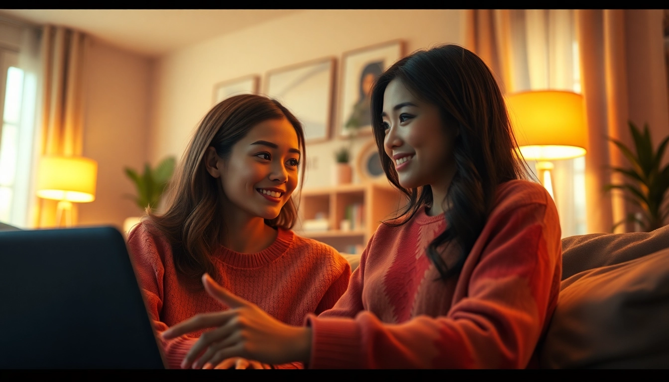 AI girlfriend engaging in a friendly conversation with the user in a cozy living space.