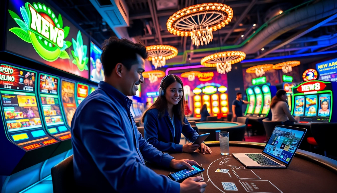 Interactive gaming experience at new88go.com with vibrant slot machines and live dealer tables.
