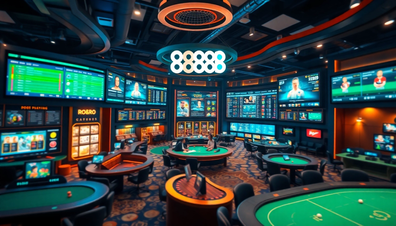 Interactive gaming interface showcasing 888b.bet sports betting and casino games in a vibrant setting.