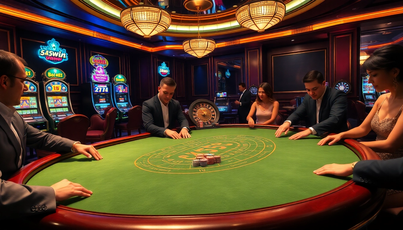 Excited players at a 555win casino table, engaging in high-stakes poker under luxurious ambiance.