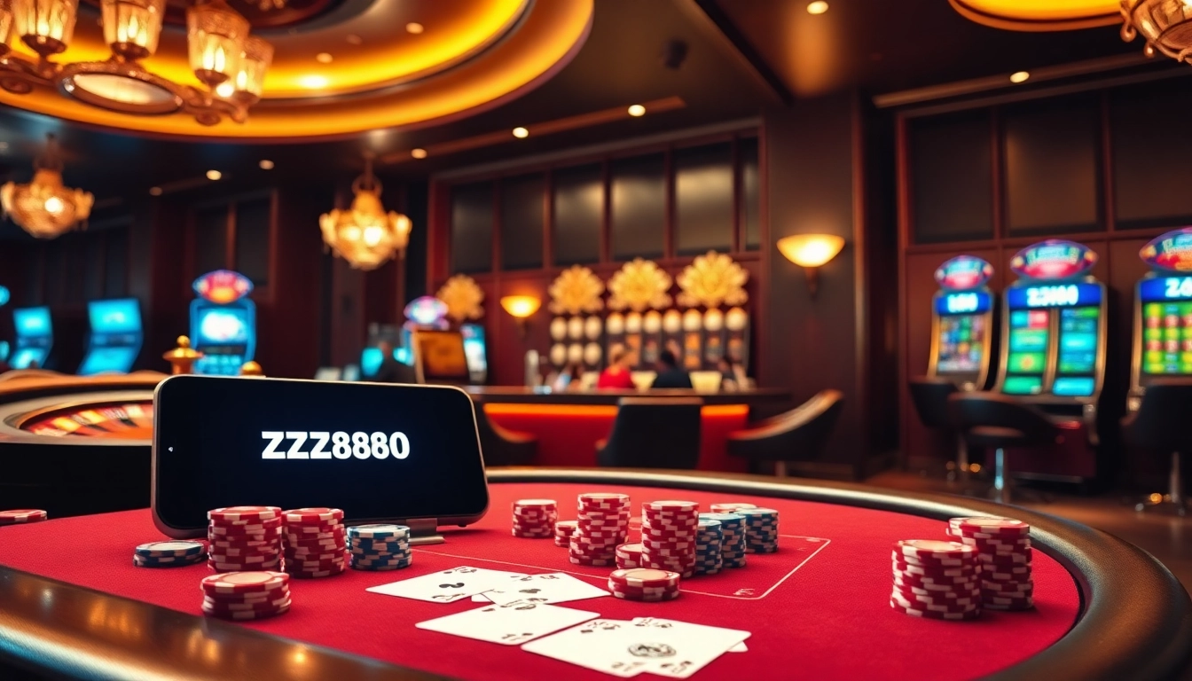 A thrilling casino scene showcasing https://az888.futbol with poker tables and roulette wheels, exuding excitement and professionalism.