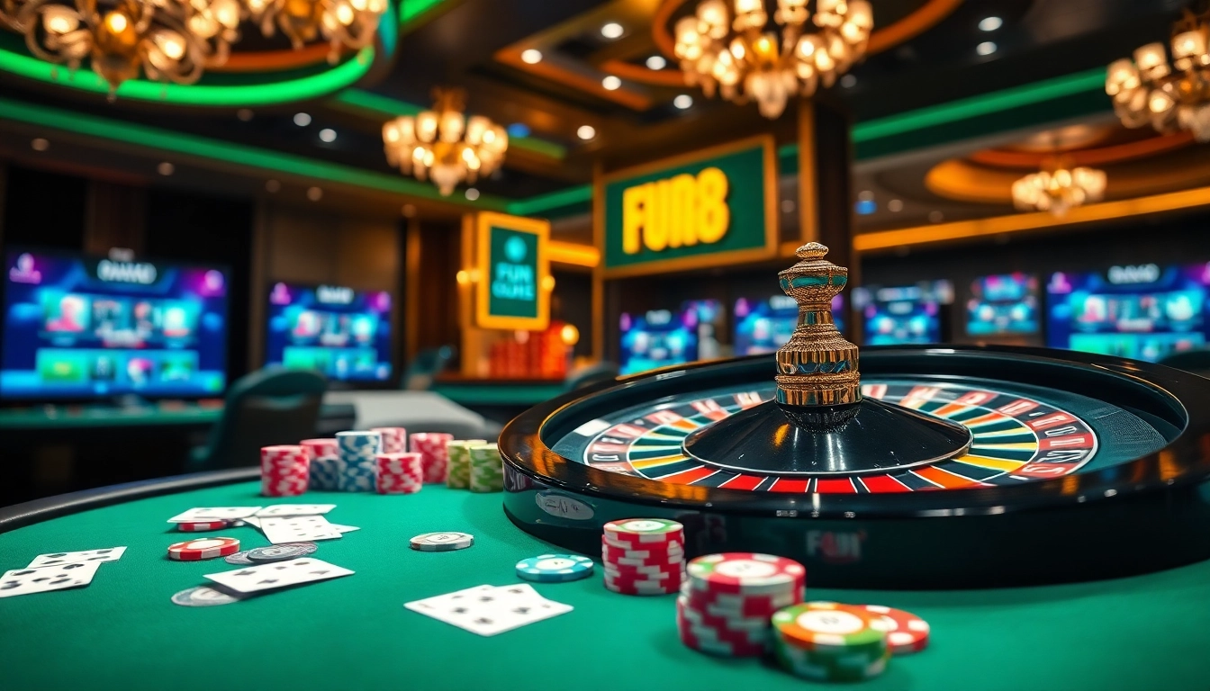 Experience thrilling gameplay with Fun 88 at an exciting casino table filled with colorful chips.