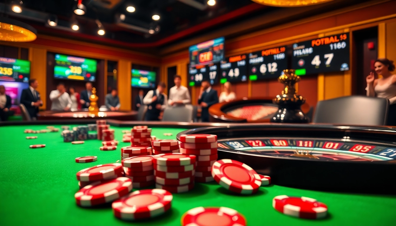 Engaging scene of thể thao okfun betting excitement at a luxurious casino with poker chips and roulette.