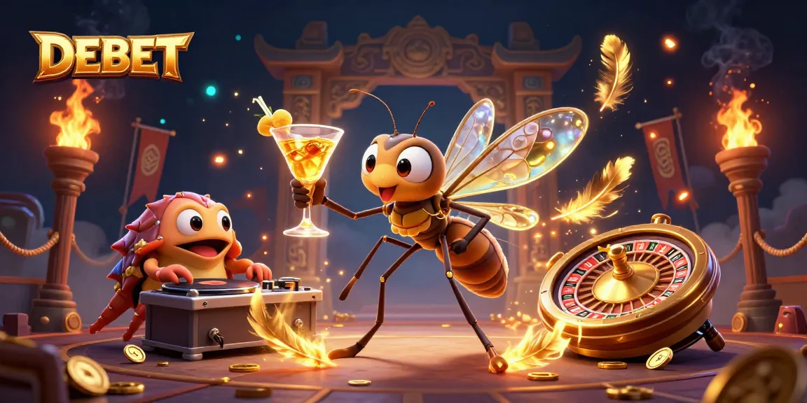 Experience the DEBET casino thrill with a vibrant 3D illustration featuring unique characters and dynamic elements.