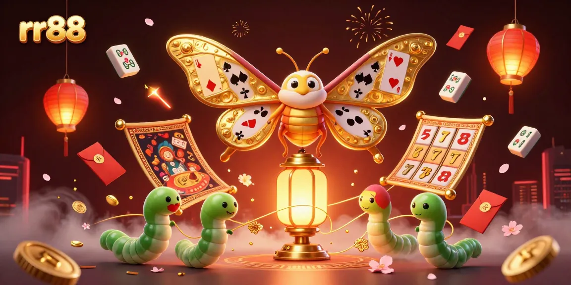 Engage with rr88’s vibrant casino scene featuring golden moth and festive gaming elements.