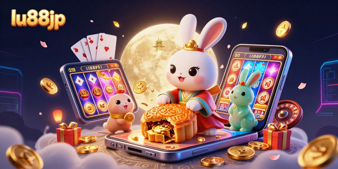 Experience thrilling gameplay with lu88jp's moon rabbit and poker chips in vibrant casino-themed illustration