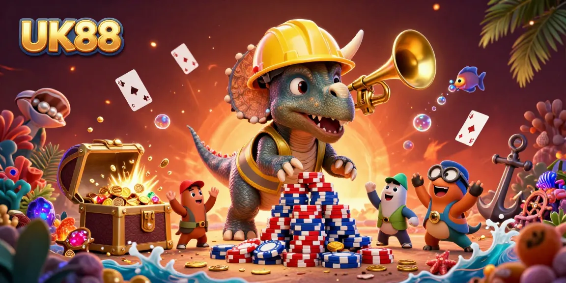 Join the excitement at UK88 with characters building poker chip pyramids in a vibrant casino scene.