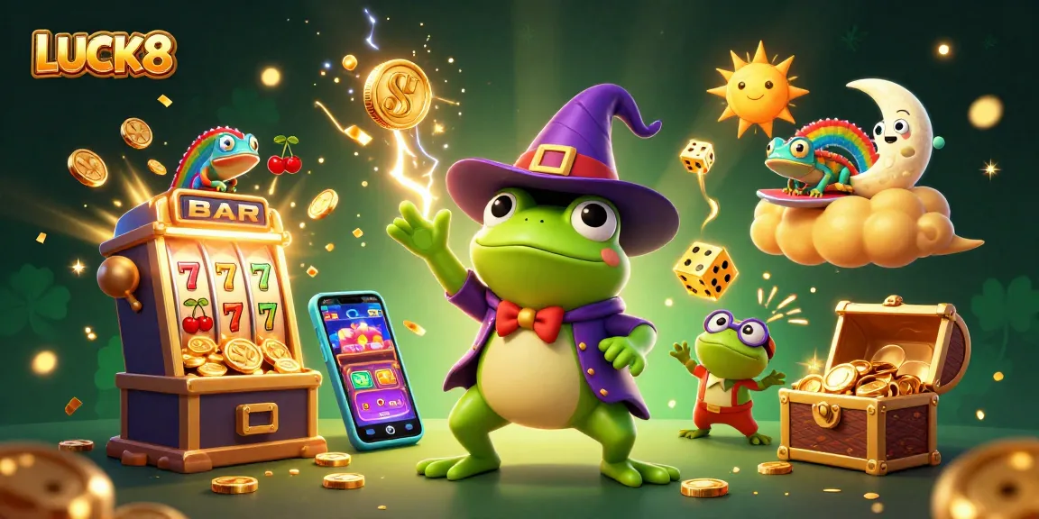 Experience thrills at LUCK8 with golden coins and vibrant casino elements in this 3D digital illustration.