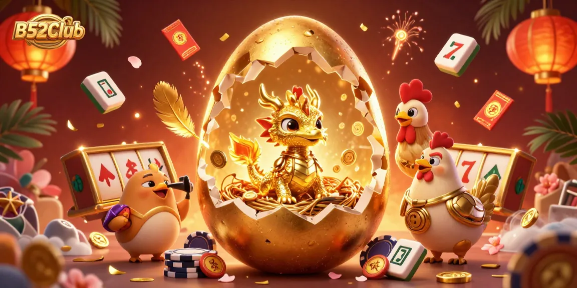 Join the fun at B52Club with a dazzling golden dragon and poker chips in a vibrant casino scene.