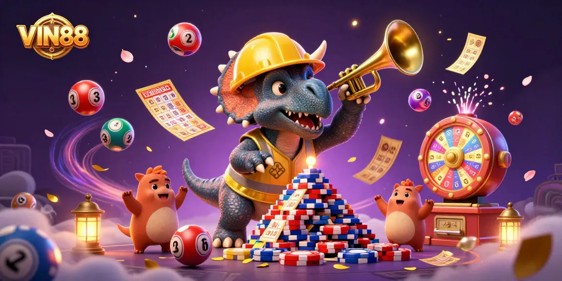 Engage in the excitement of VIN88 with a vibrant 3D illustration showcasing a triceratops celebrating a poker chips pyramid.