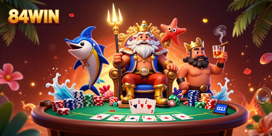 Experience thrilling poker action with 84WIN's vibrant illustration featuring Neptune and samurai gaming elements.