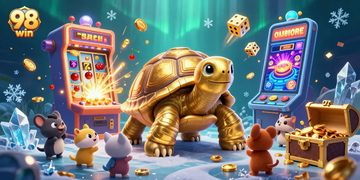 Engage in thrilling gameplay at 98 win, featuring a colossal golden tortoise pinball machine and vibrant casino elements.
